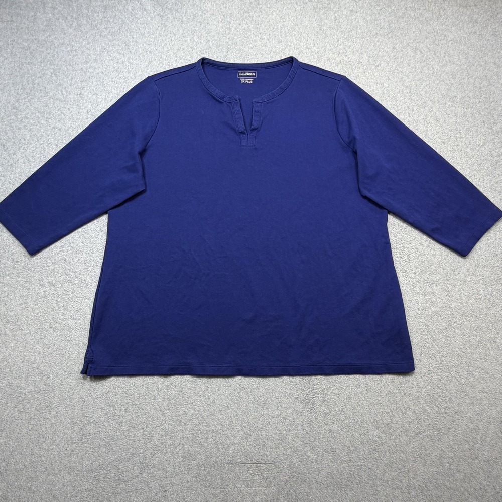 LL Bean Tee Shirt Womens 2X Plus Blue 3/4 Sleeve Split Neck Casual Outdoor